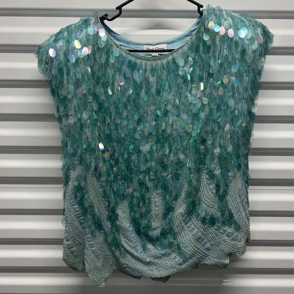Mark Cheung Womens Sequin Silk Top L Aqua Blue Beaded Vintage Scalloped Evening
